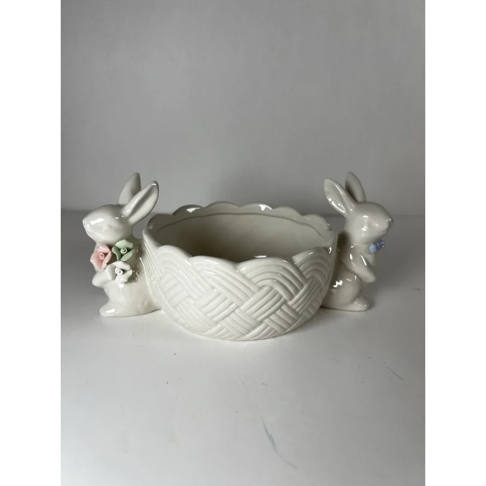 Bunny Love Double‎ Bunny Handled Bowl | Ceramic Easter Candy Dish | NEW
